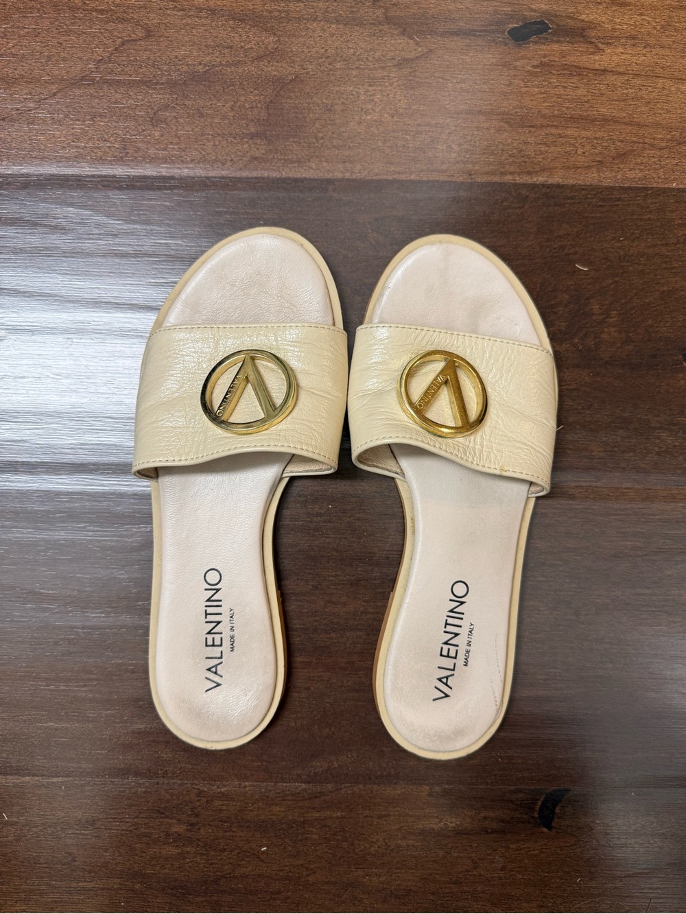 Valentino Cream Slide Sandals with Gold Logo Medallions